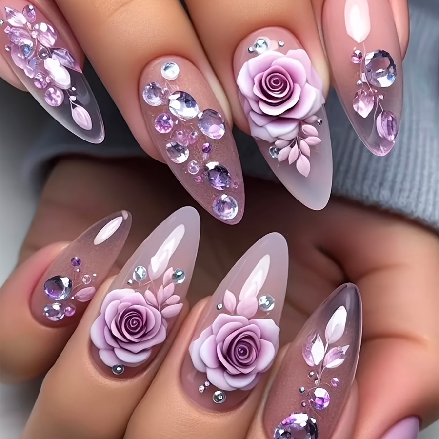 

24-piece Premium Purple Rose Rhinestone Almond Shaped Nail Set With Jelly Glue And Nail File, Mixed Color Glossy Floral Nail Tips Set With Middle Length - Elegant Flower Design Nail Art Forms