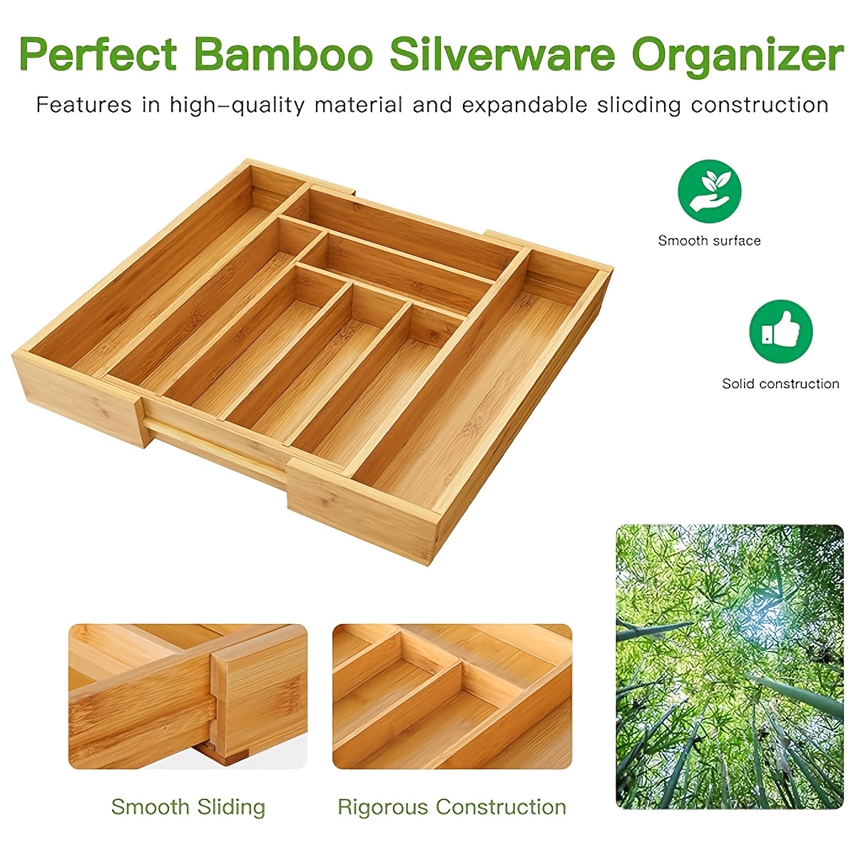 1pc bamboo with dividers expandable knife storage box organizer suitable for home kitchen drawers living room desktop office drawer storage tool storage organizer multifunctional bamboo drawer storage box details 0