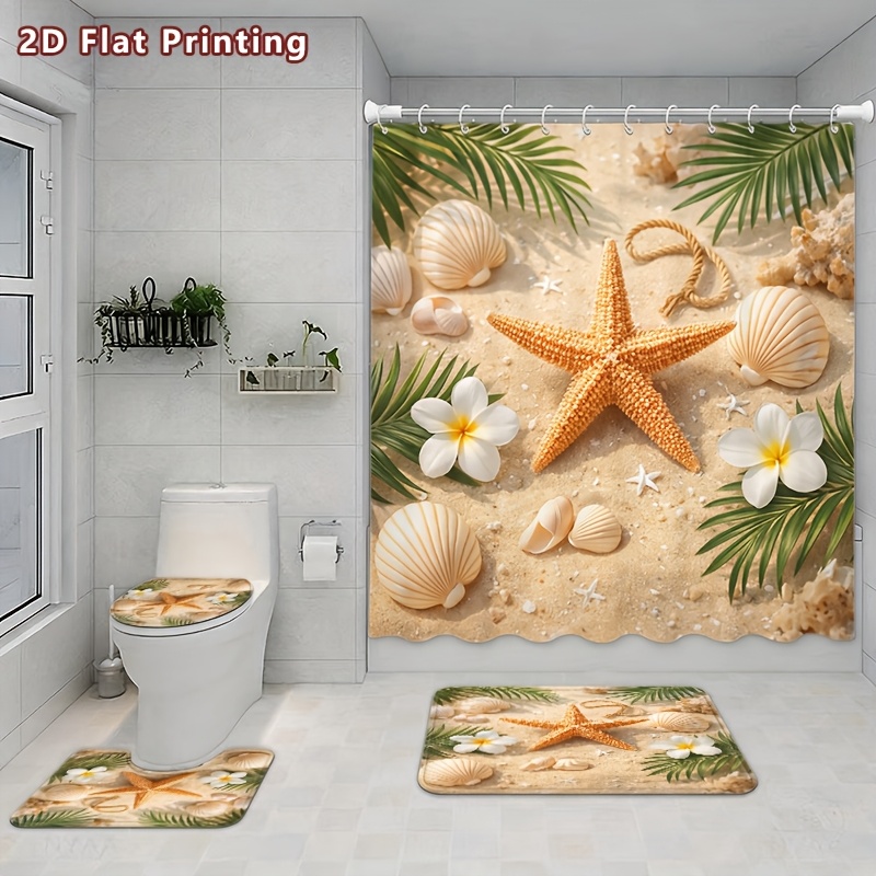 4pcs Summer Beach Shower Curtain Set with Bath Mat