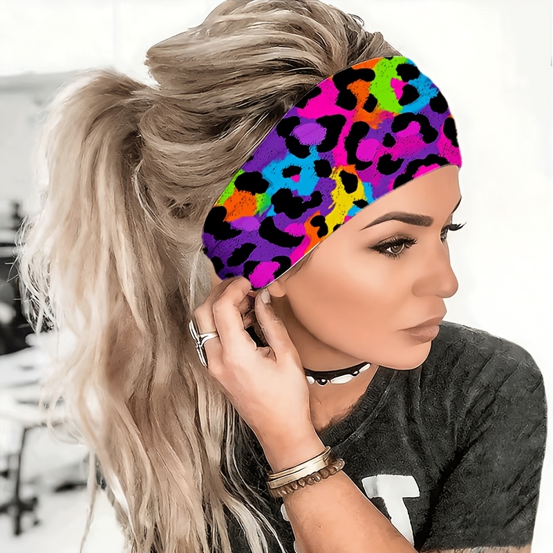 TEMU 2d Flat High- Neon Leopard Print Headband, Suitable For Yoga / Gym / Running / Cycling, Travel / / Beach, Features Non-slip / / Wide Band /