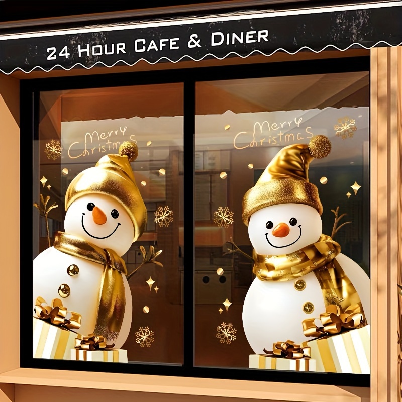 1st Klassieke Sneeuwpop Kerstraamstickers - Dubbelzijdige Elektrostatische Glassticker met Gouden Hoed & Sjaal, Feestelijke Kerstdecoratie voor Thuis & Winkels - Afbeelding 5