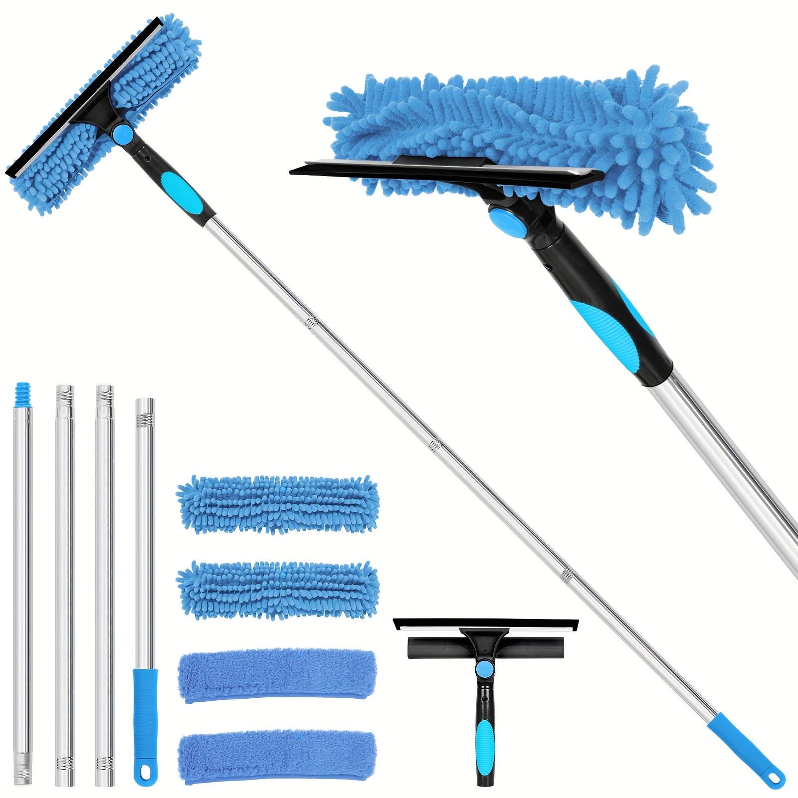 Professional High Window Cleaning Squeegee Kit (with Extension Pole), 2-in-1 High Window Cleaning Squeegee Kit (with 1 Cleaning Head And 4 Cleaning Pads)