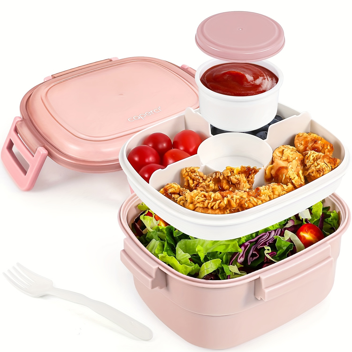 

Caperci 55oz Bpa-free With 4 Compartments, Sauce Container & Reusable Spork - Microwave Safe, Round Shape For School, Office, Camping