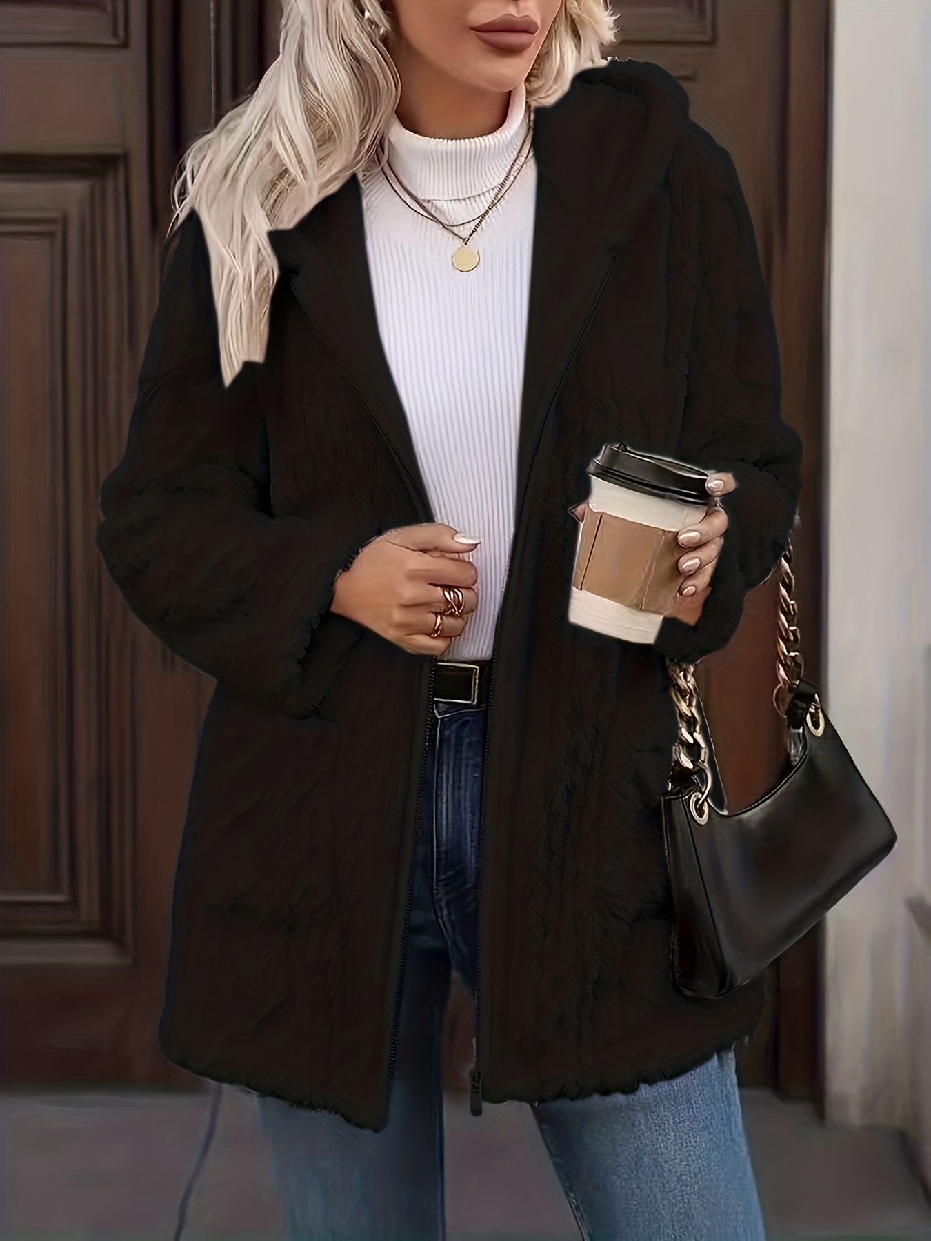 solid color double sided plush zip up hooded cardigan womens casual   length plush coat for autumn and winter