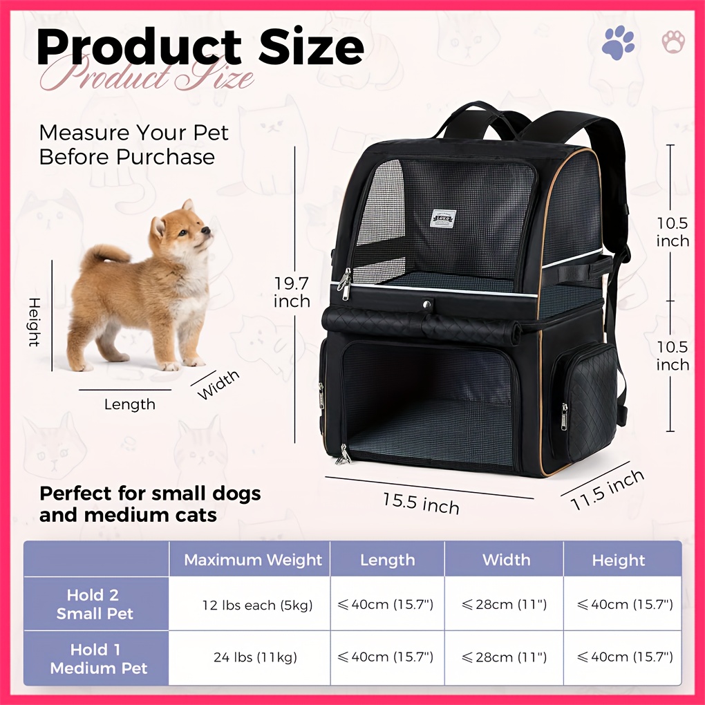 dual compartment   backpack for cats small dogs   to 24 lbs quilted black with mesh ventilation   secure zipper closure comfortable   use cat backpack carrier secure zipper closure Product details 2