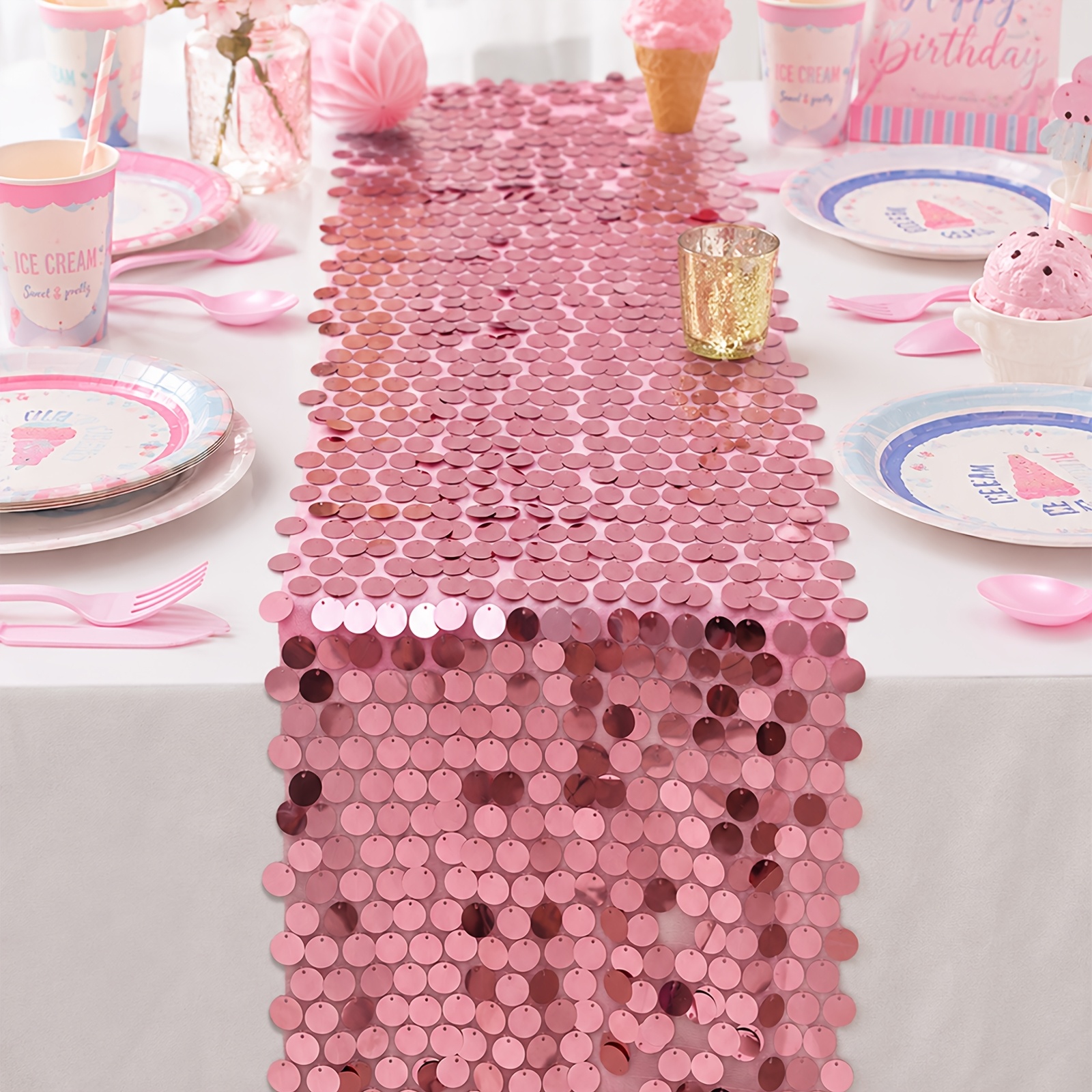 TEMU 12 X 108 Inch Large Glitter Sequin Table Runner, Pink Payette Glitter Premium Big Sequin Table Runners, Rectangle Table Runner For Halloween,