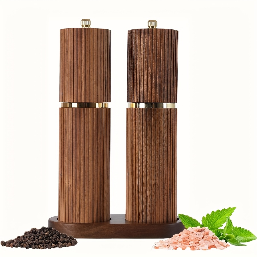 1Set, Acacia Wooden Salt And Pepper Grinder Set with Base, Refillable Salt And Pepper Grinder with Adjustable Coarseness, Acacia Wood Pepper Mill Manual, Salt And Pepper Shakers Matching Wooden Tray Ideal Gift for Christmas, Wedding, Valentine'S Day