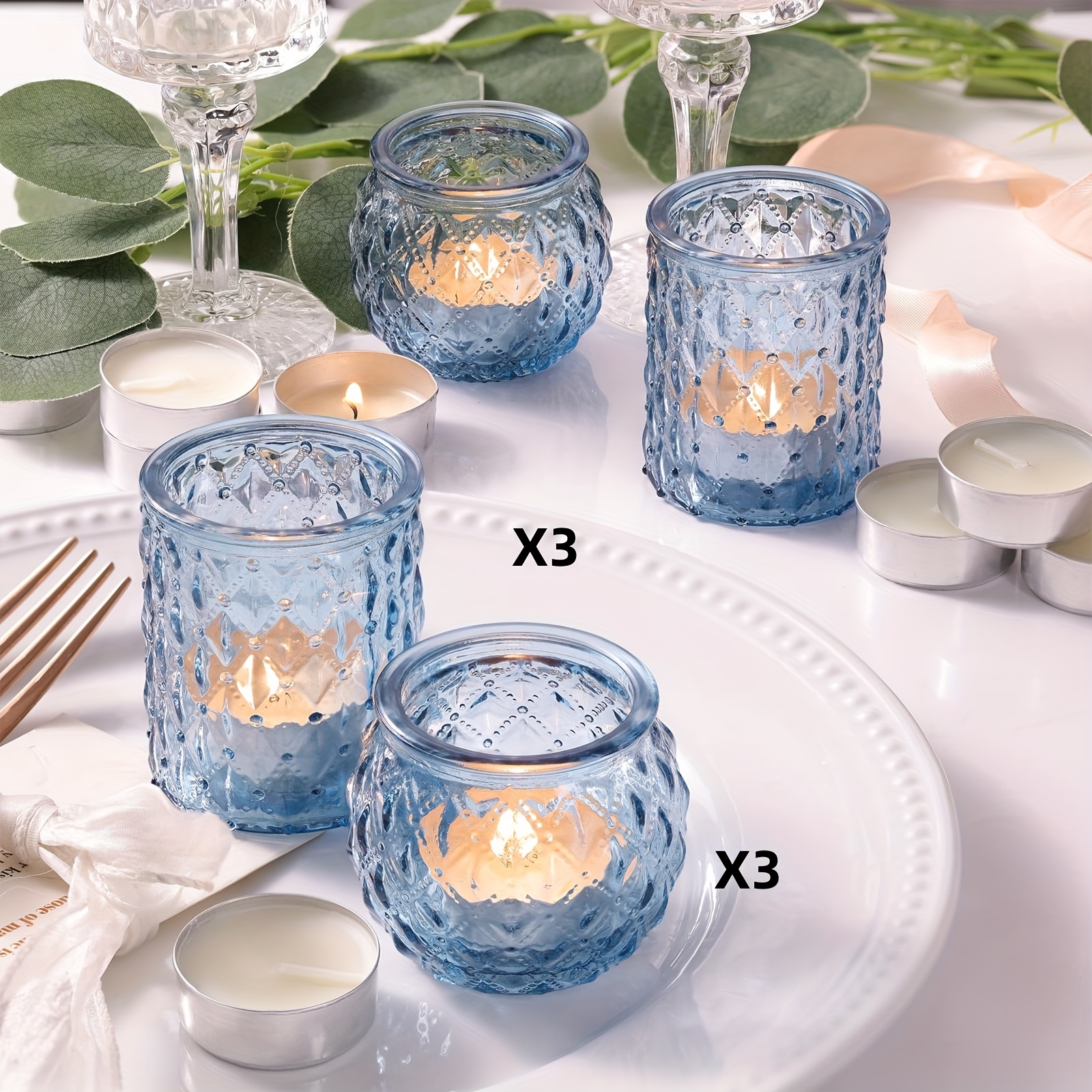 Image of Blue Glass Votive Candle Holders Set Of 6 - Lights For Wedding, Shower, Party & Gift