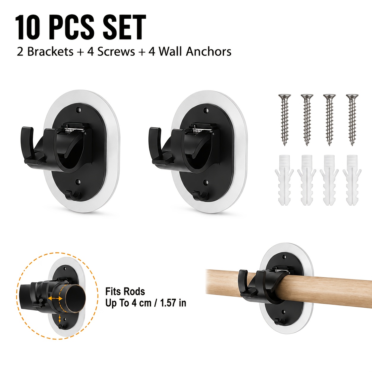 TEMU 10pcs No-drill Curtain Rod Bracket Set: 2 Rod Holders + 4 Screws + 4 Anchors, Adhesive Spring Clamp Rod Holder For Door Curtains And Shower
