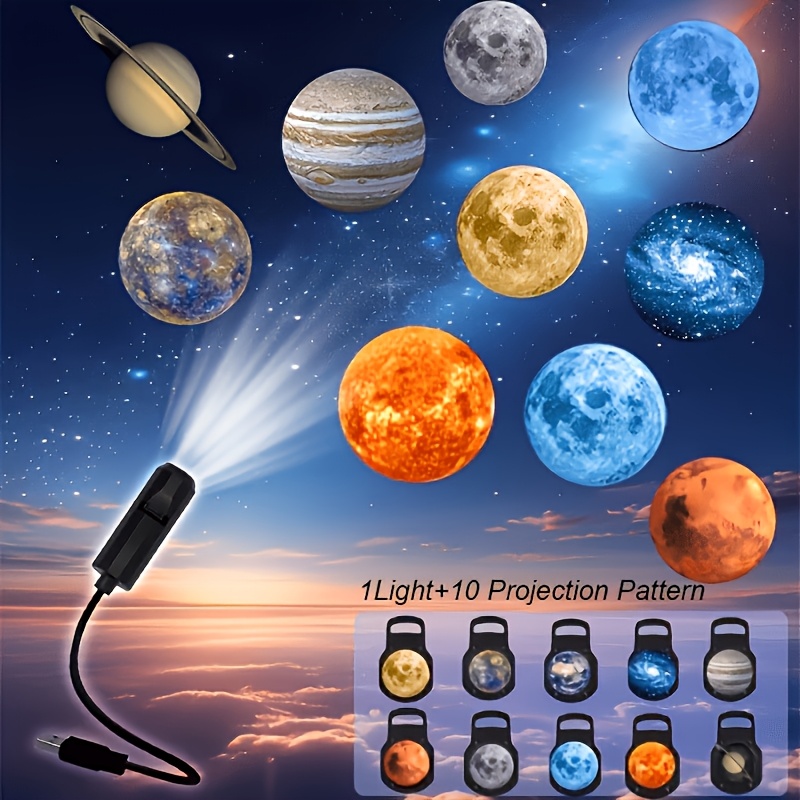 TEMU 1pc Projector Lamp With 6/10 Planets And Nebula Slides, Usb Powered 360° Rotating Led Night Light, Projects Earth, , Jupiter, Solar System &