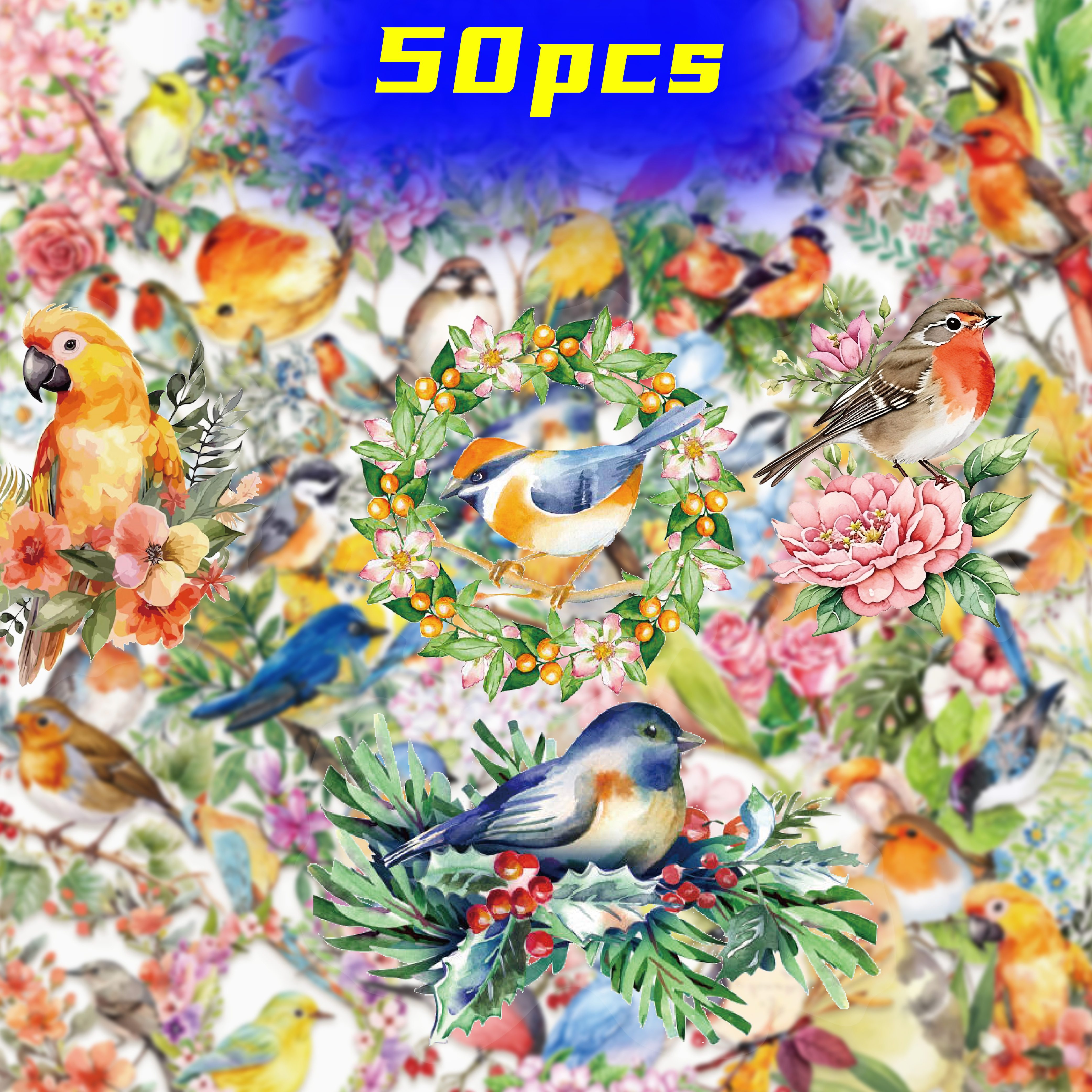 50 Sheets Watercolor Little Birds On Branches Decor Refrigerator Cabinet Wardrobe Phone Case Journal Material Festival Birthday Gift Study Reward Stickers
