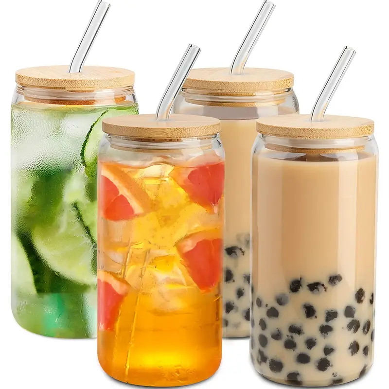 glass cups with lids and straws 4pcs 16oz drinking glasses set for coffee bar accessories iced coffee cups with lids glass tumbler reusable for gifts kitchen glassware modern drinkware contemporary cups material tumblers drinking tumblers insulated glassware bar enthusiasts home Product details 0