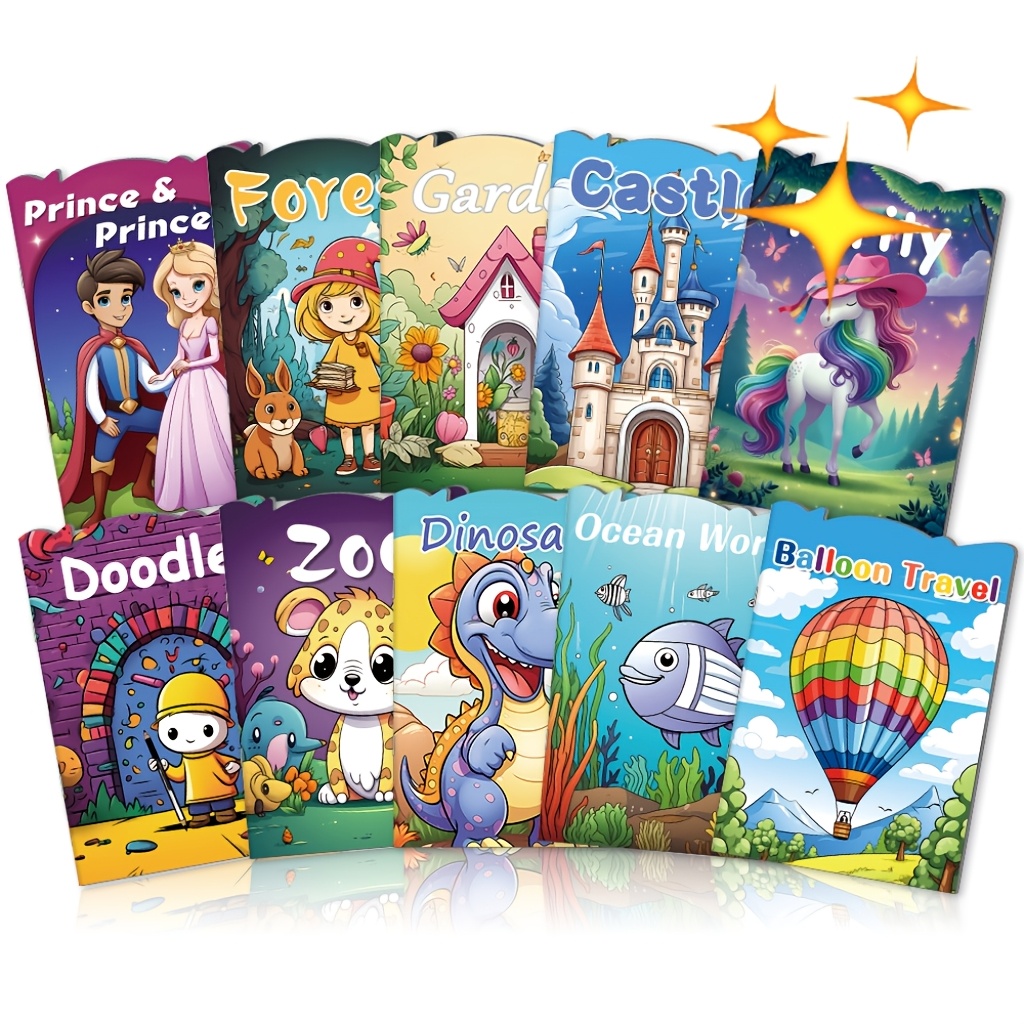 10 kids coloring book set for children 6 pages each featuring doodle educational toys animal zoo dinosaur castle garden     boys girls gifts for holidays and birthdays