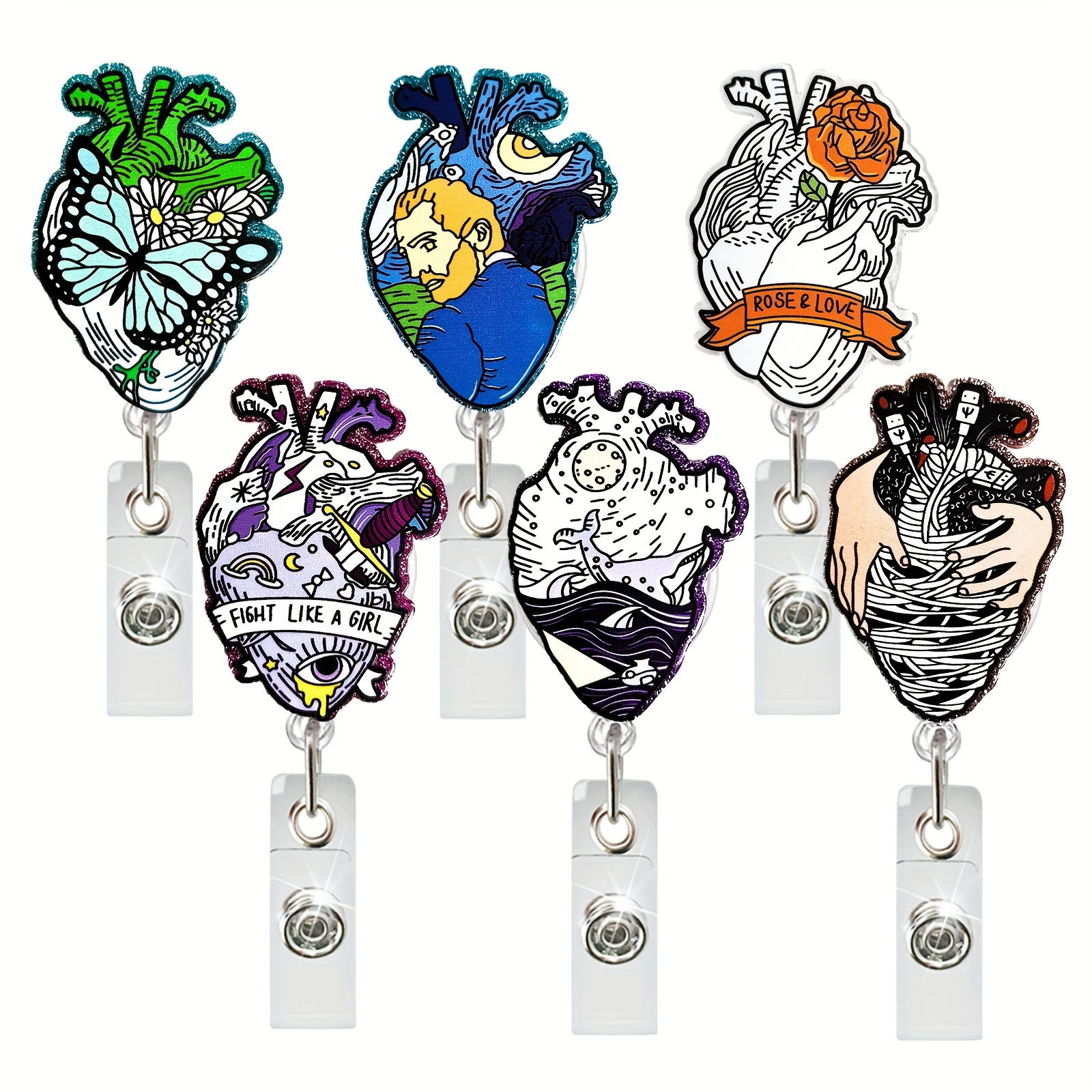 6 Styles Heart Retractable Card Holder Buckle Acrylic Badge - Temu