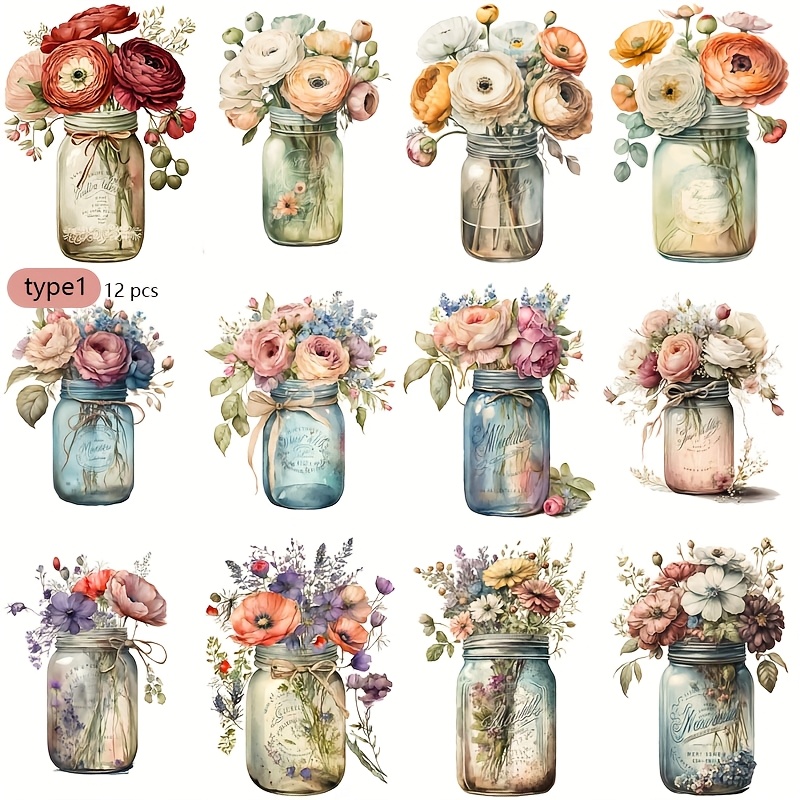 1 Pack Of Fresh Vase Flower Stickers, Floral 2d Flat Stickers Journal Photo Stationery Sticker Handcraft Material Sticker Set Decoration