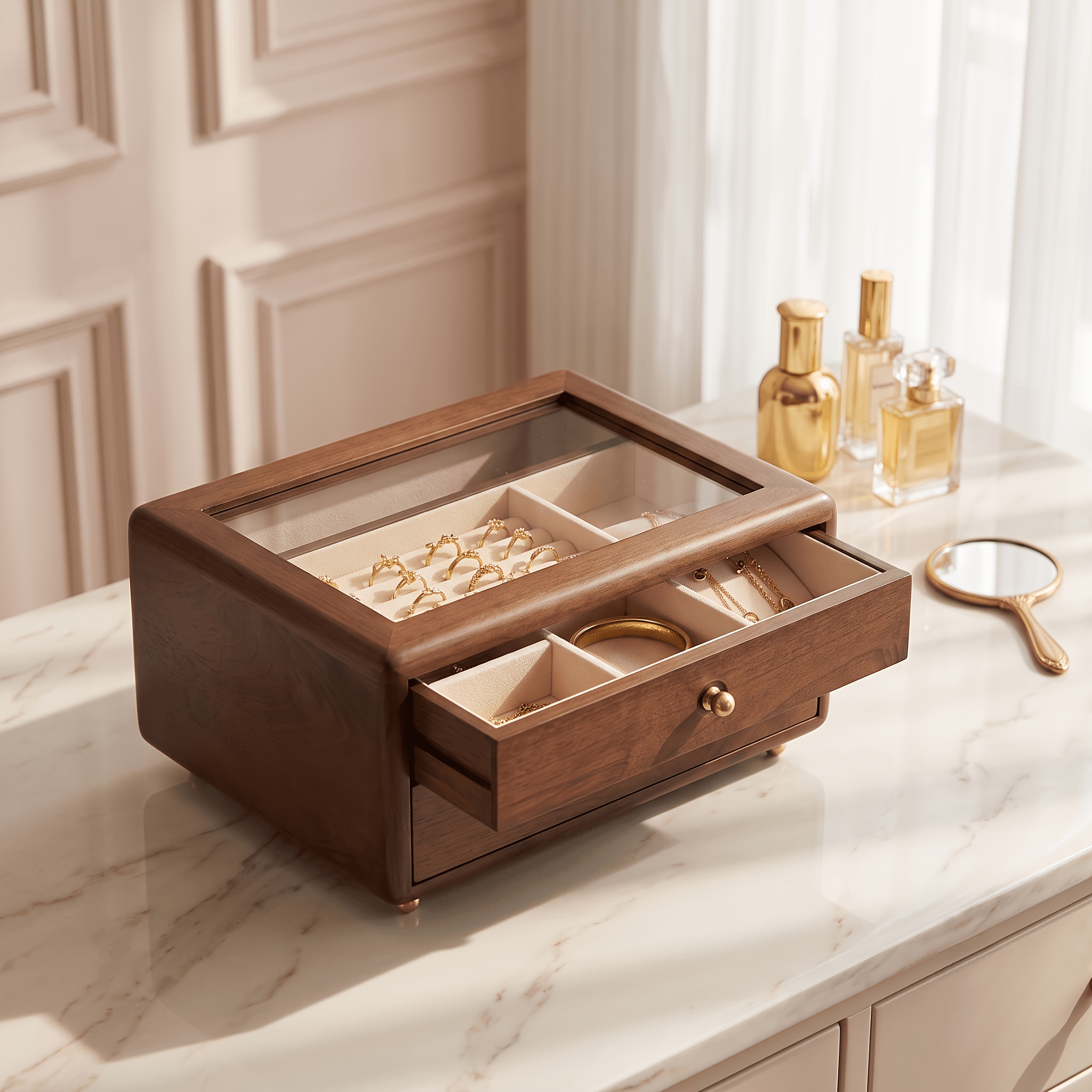 Wooden Walnut-colored Double-layer Transparent Jewelry Box with Drawer Design, Extra-large Capacity Storage Case, Suitable for Rings, Necklaces, Earrings, Bracelets, and Other Types of Jewelry. A Classic Solid Wood Jewelry Storage Box, a Practical