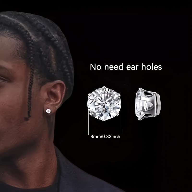 Image of 2pcs/1 Pair Easy-to-wear Magnetic Stud Earrings 6mm, 7mm, 8mm Round Synthetic Synthetic Zirconia Hoop Earrings No-piercing Clip-ons Unisex Fashion Jewelry Wedding Accessories