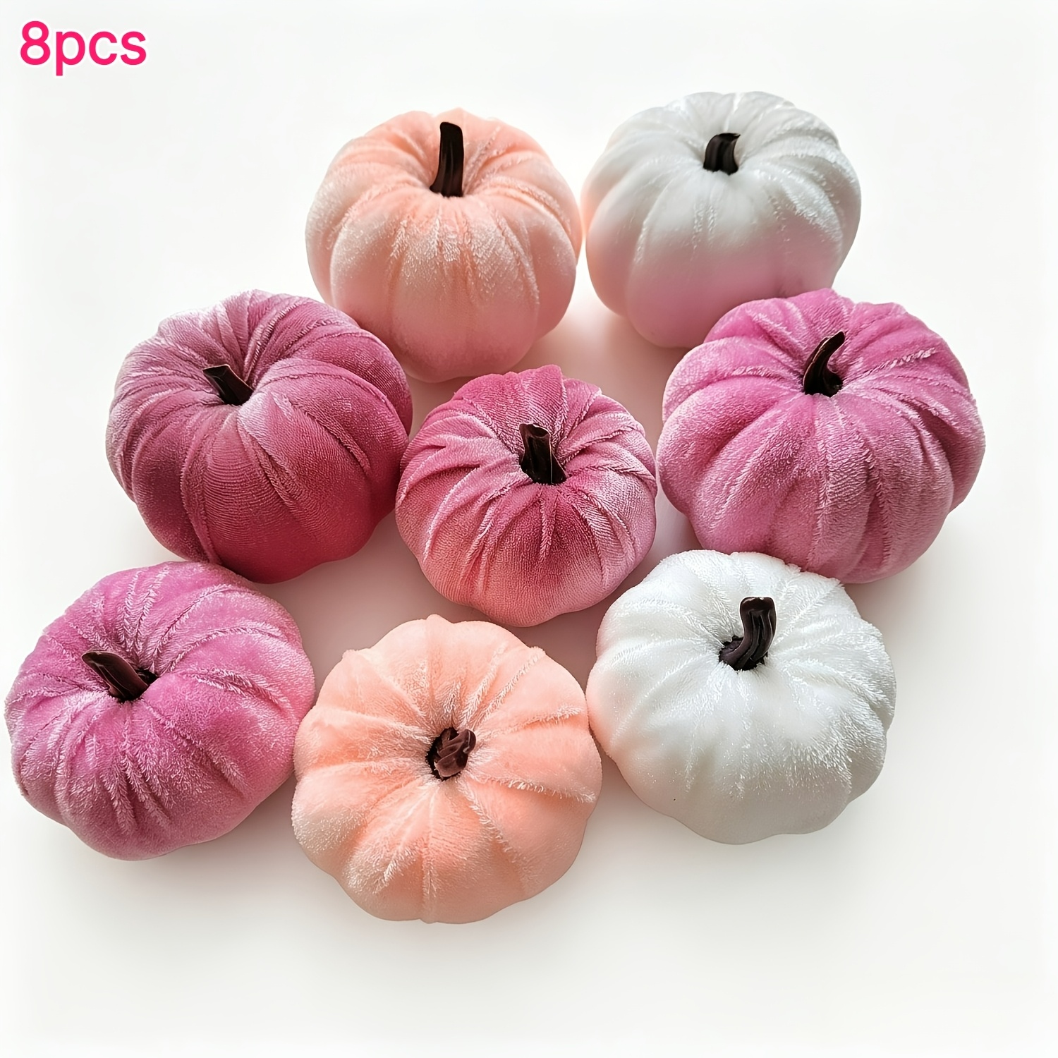 Image of 8pcs Pink Pumpkins Fake Velvet Pumpkin Small Fabric Foam Mini Pumpkin For Fall Halloween Thanksgiving Table Centerpiece Wedding Home Farmhouse Shower Decoration