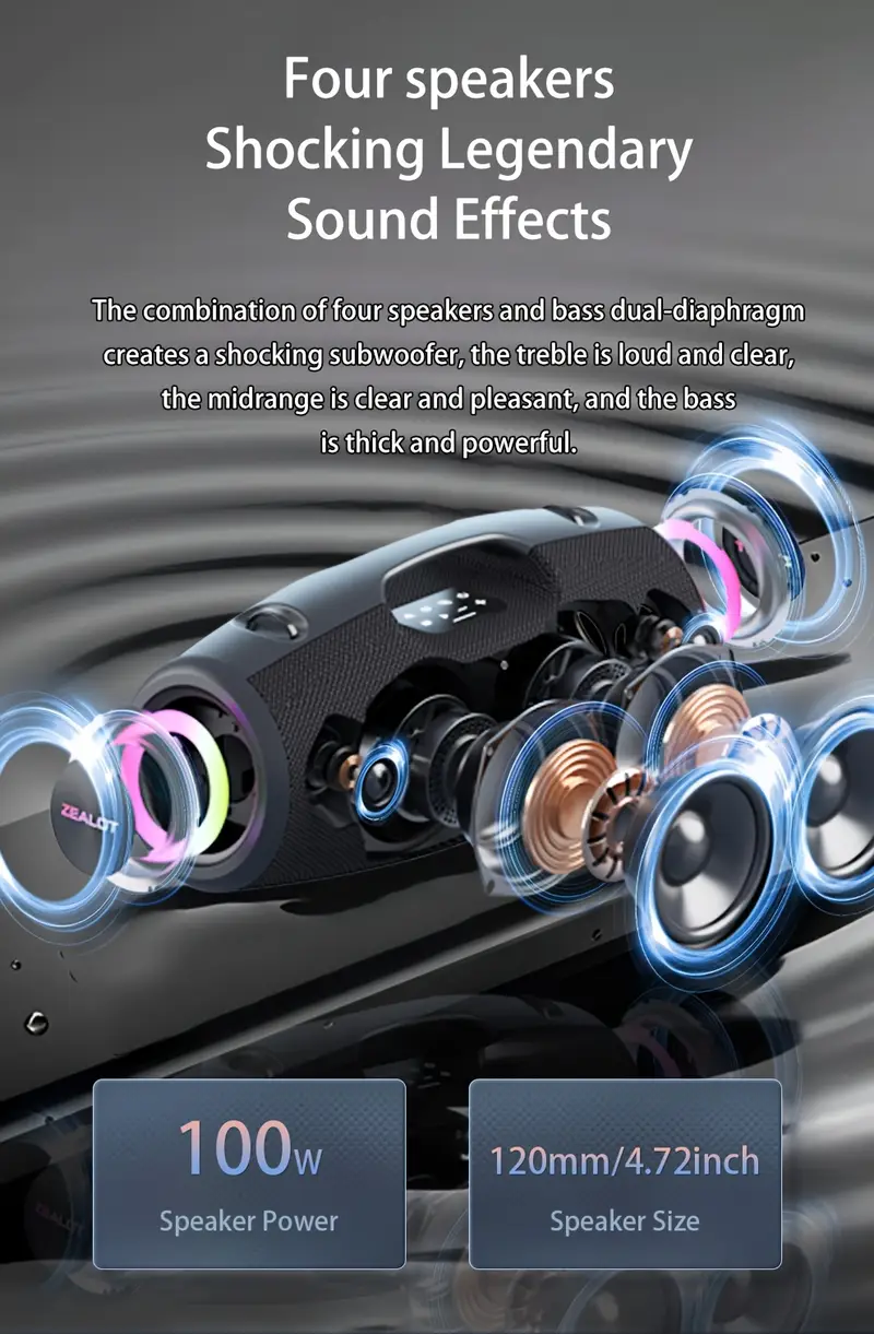 s78 100w portable wireless speaker with ipx5 high quality, 36h playtime, wireless 5.3, dual pairing, shoulder strap & usb-c charging - bass for , camping, beach, camping gear, stylish audio, construction, party hosts details 1