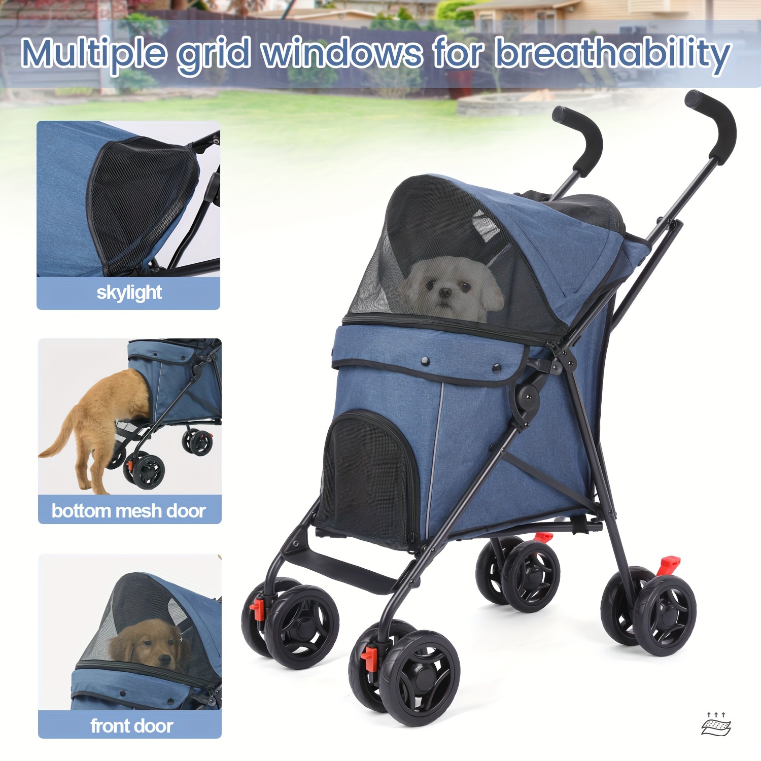 

Pet Stroller For Small Dogs And Cats, Linen Fabric Pet Carriage With Storage Basket And Cup Holder, Max Load 33lbs, Easy Folding For Travel, Blue