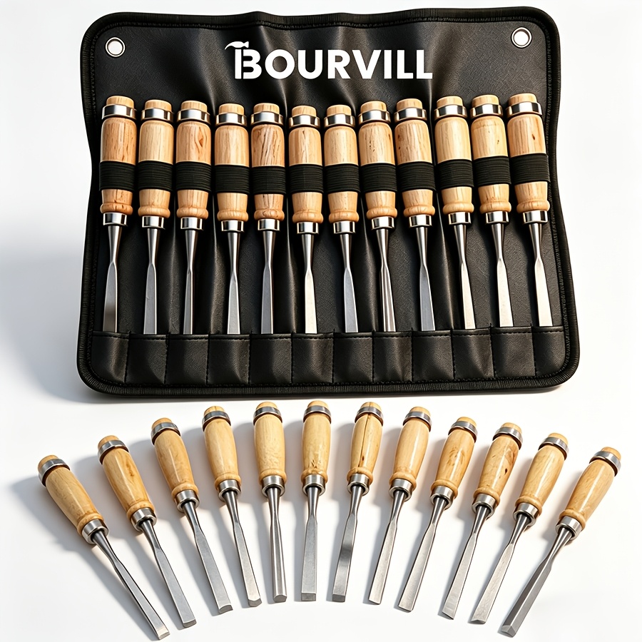 TEMU Bourvill 12pcs Wood Chisel And 16pcs Punching Chisel Set, Woodworking Carving Chisel With Wooden Handle, Taper Pin Center Punch And , Hand Tool