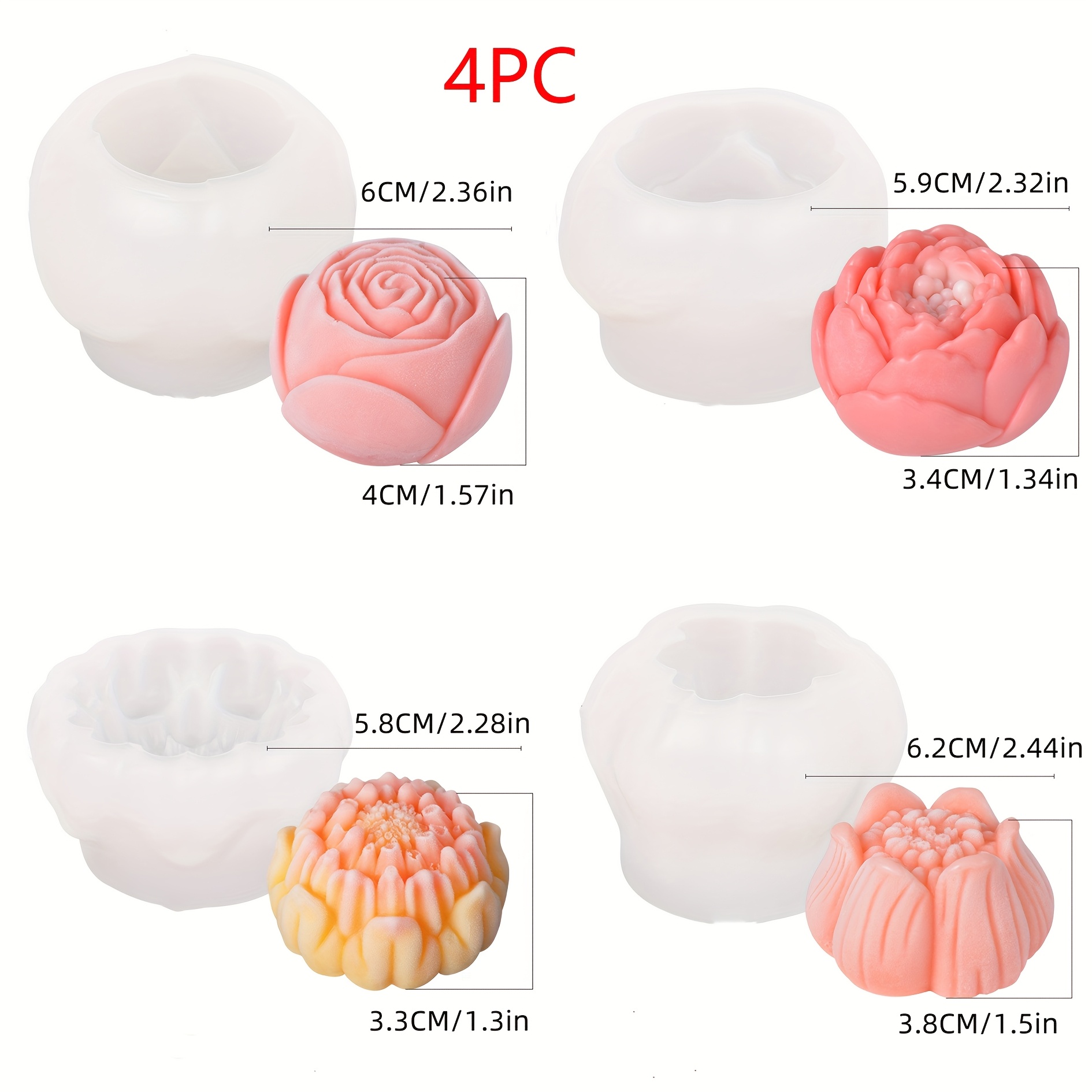 Image of 4pcs Flower Candle Mold, Peony Gypsum Silicone Mold, Making Aromatherapy Candles, Dropping Glue, Aromatherapy Gypsum, Soap Mold Rose Artwork Decor