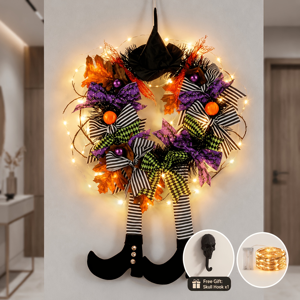 TEMU 2pcs Set Of For Halloween Wreaths, 24.4-inch Witch Wreaths With 1 String Of Led, Perfect For Halloween Decoration, Holiday Gift, Home Decoration