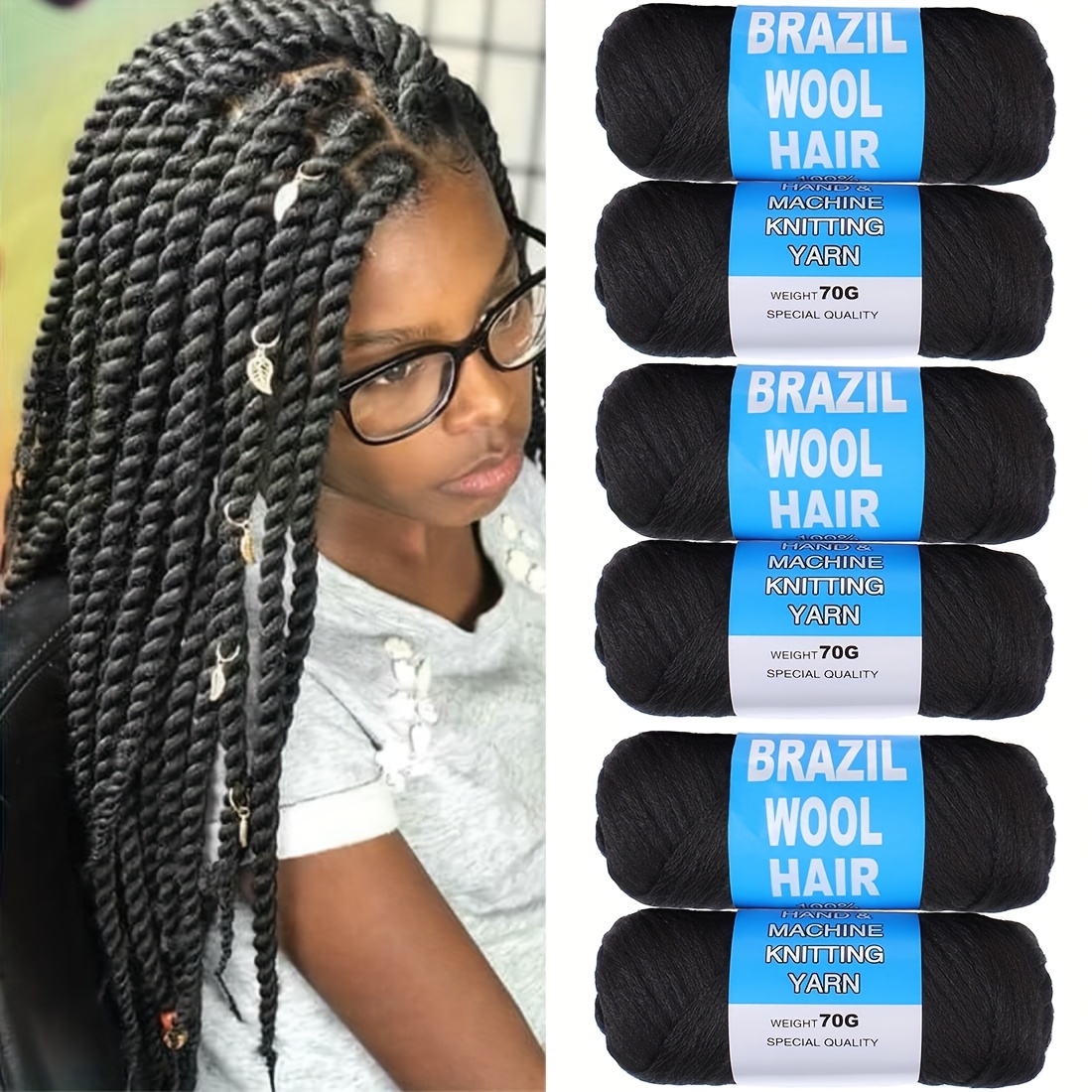 6 Rollos de Hilo para Trenzas de Vellón Brasileño para * de Cabello,  Trenzado y * Senegalés, Trenzas Gigantes y Locs Falsos * de Trenzas de  Punto, 70g por Rollo, image size:1100x1100
