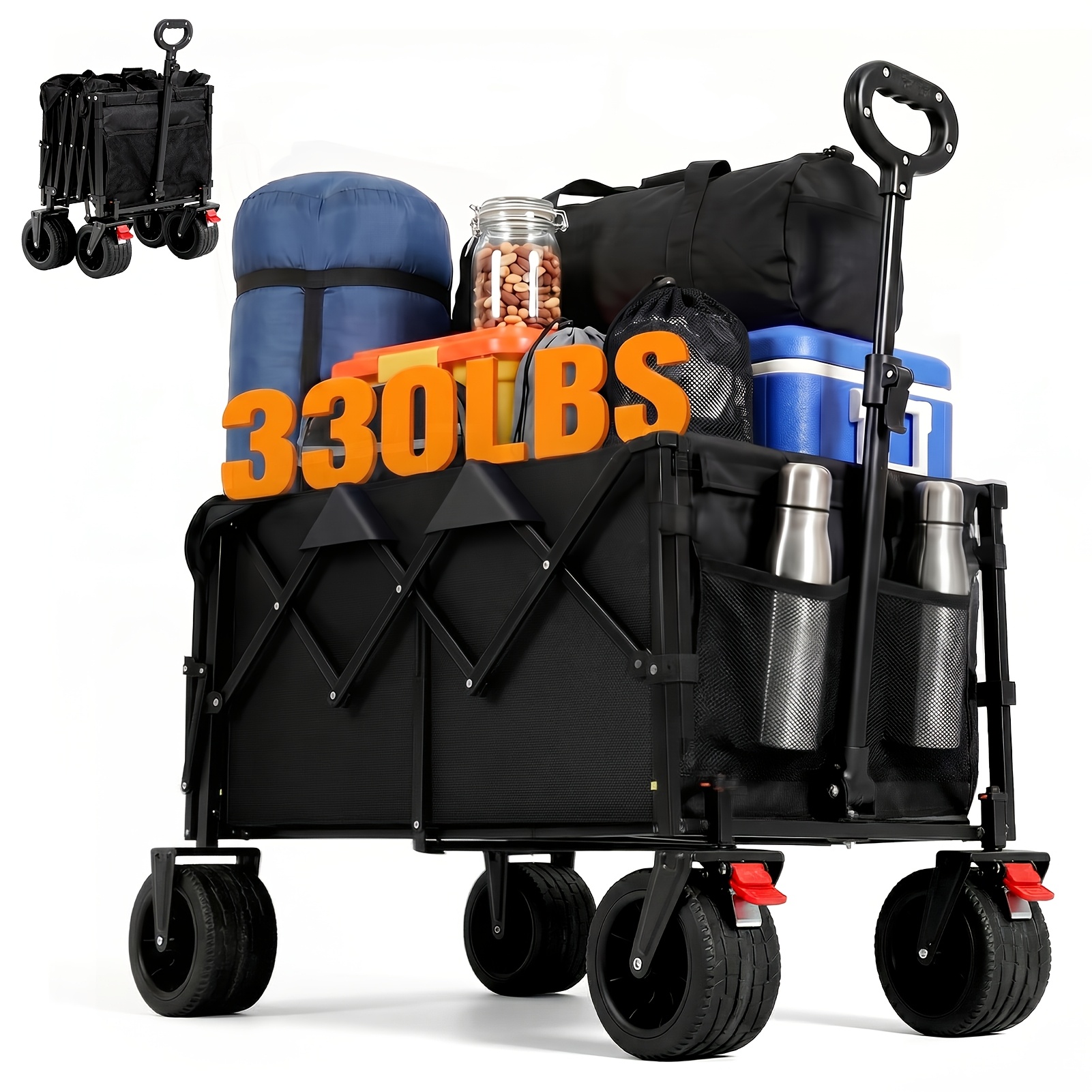 chariot de service pliable xxl,     100/200l, charge lourde 150kg, roues de réservoir amovibles tout-terrain, cadre métallique pliable 4 voies,   de traction réglable, porte-gobelet en  , chariot dextérieur   pour camping, jardin, shopping, voyage