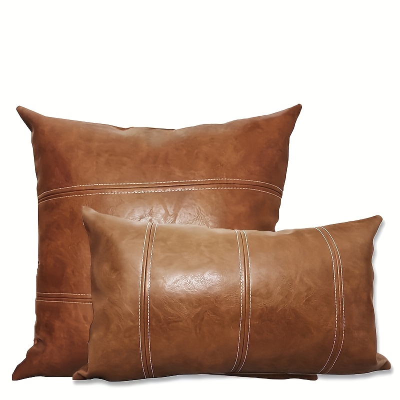 

1pc 100% Faux Leather Vintage Throw Pillow Cover, Brown Thickened Boho Farmhouse Bedroom Living Room Sofa Bed Square Pillowcase