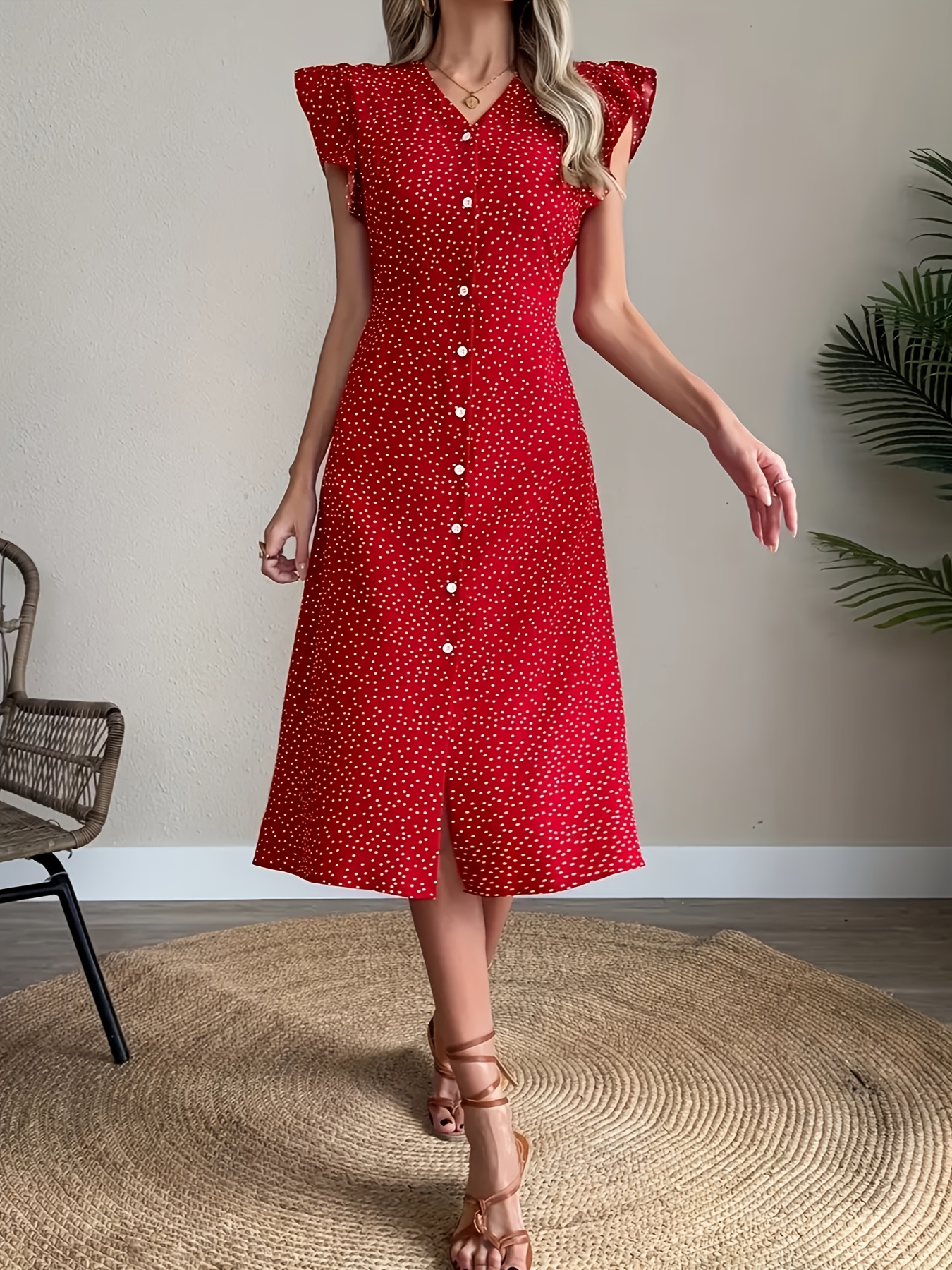 womens elegant red polka dot midi dress v neck front button