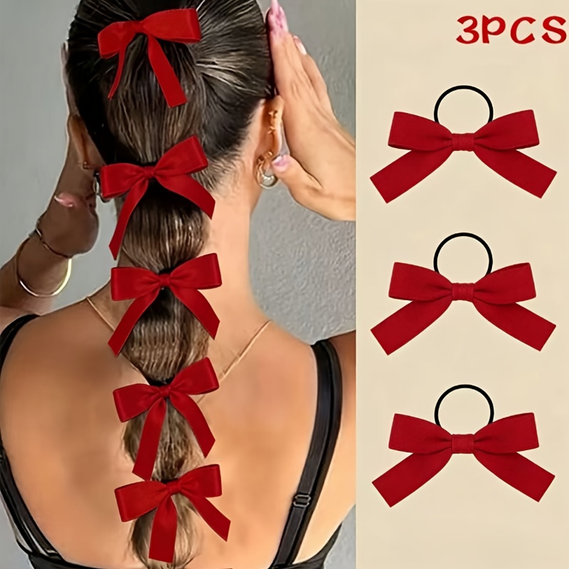 TEMU 3pcs Set Of Women's Bow Red/burgundy Hair Tie Hair Rope Hair Circle, Retro Style Minimalist Elegant Red Hair Additions Hair Band, Suitable For