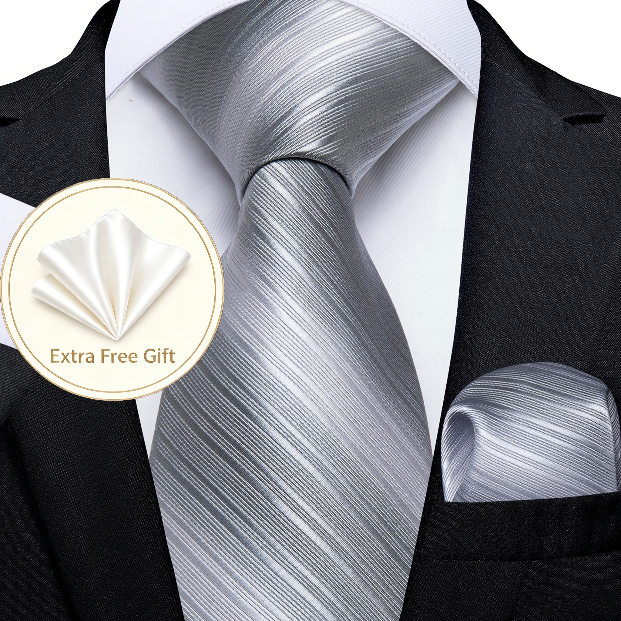 1set(4pcs) Thin Vertical Diagonal Stripe Gray Necktie Matching Pocket Square Set Formal Prom Occasion Set