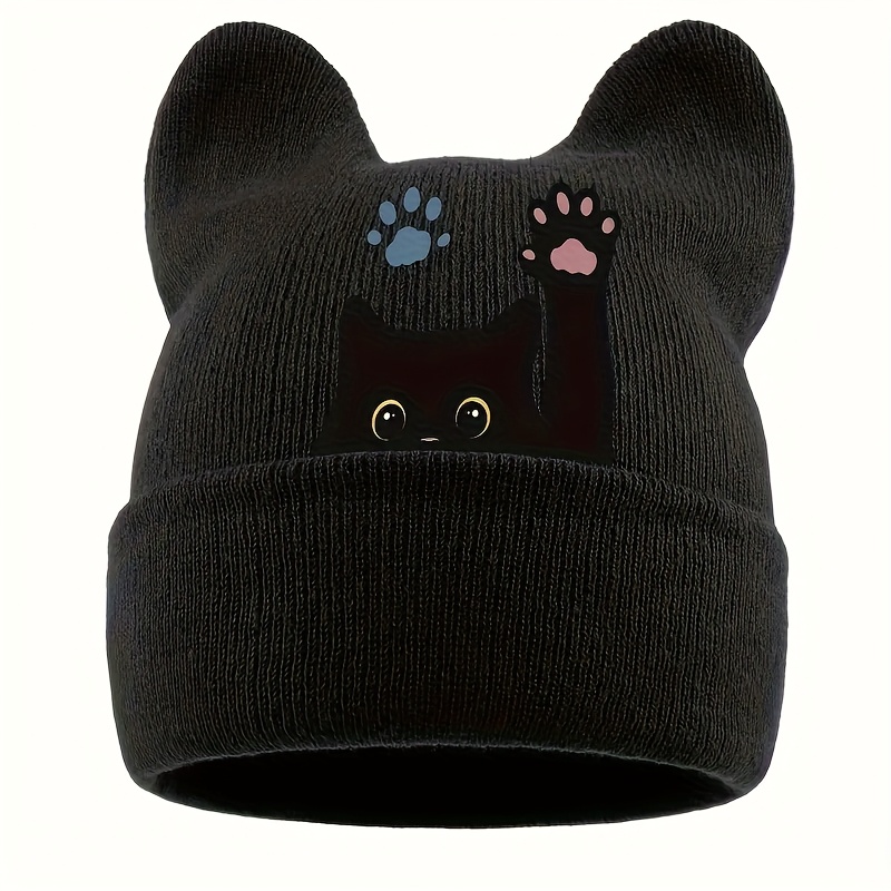 TEMU 1pc Black Cat Ear Hat For Women, Winter Thickened Warm , Christmas And New Year's Gift, Outdoor Ski Hat, Soft, Breathable, And Hand Washable