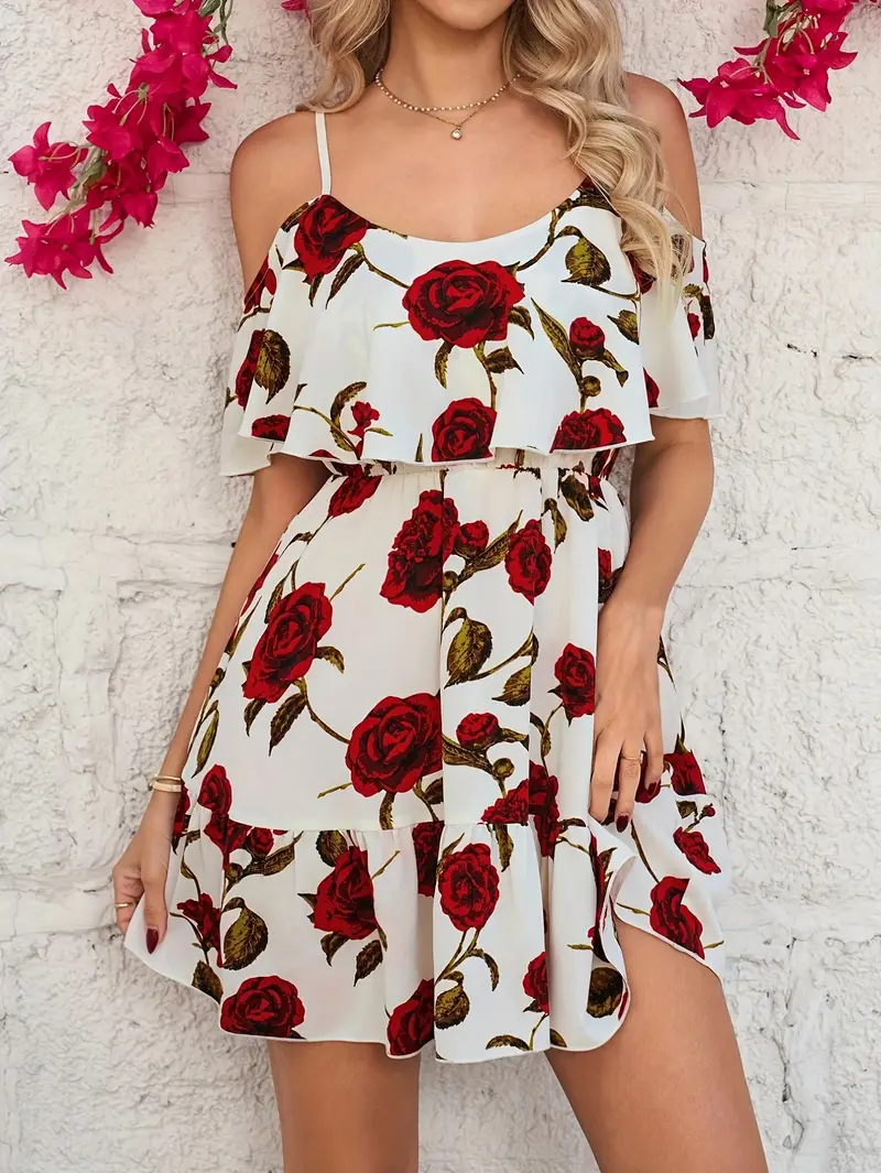 rose print off the shoulder dress MissJophiel Strapless Organza Rose Print Midi Prom Dress with Removable off Shoulders Rose Print / Tea Length / US10