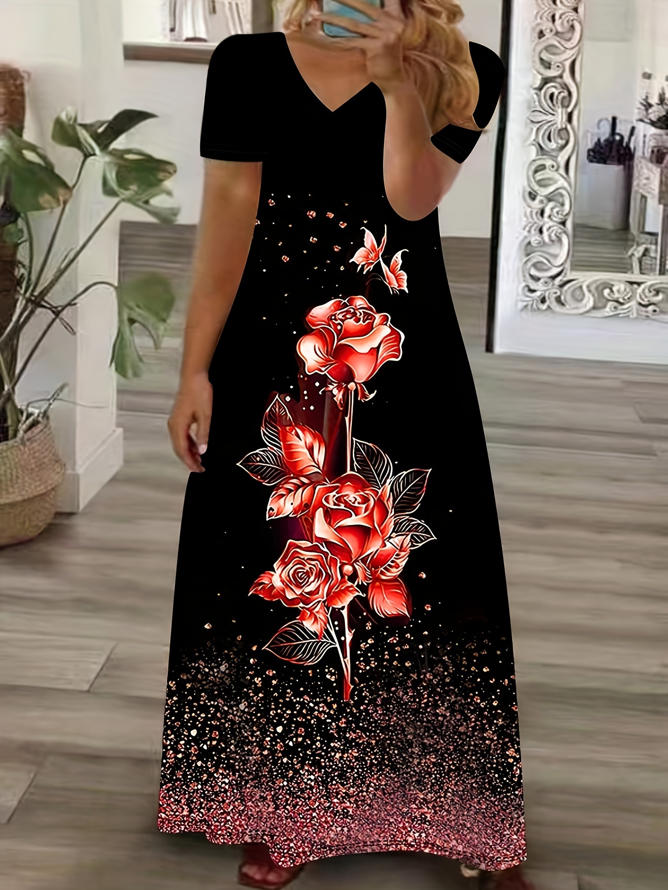 plus size plus size v neck short sleeve maxi dress 3d rose - Temu