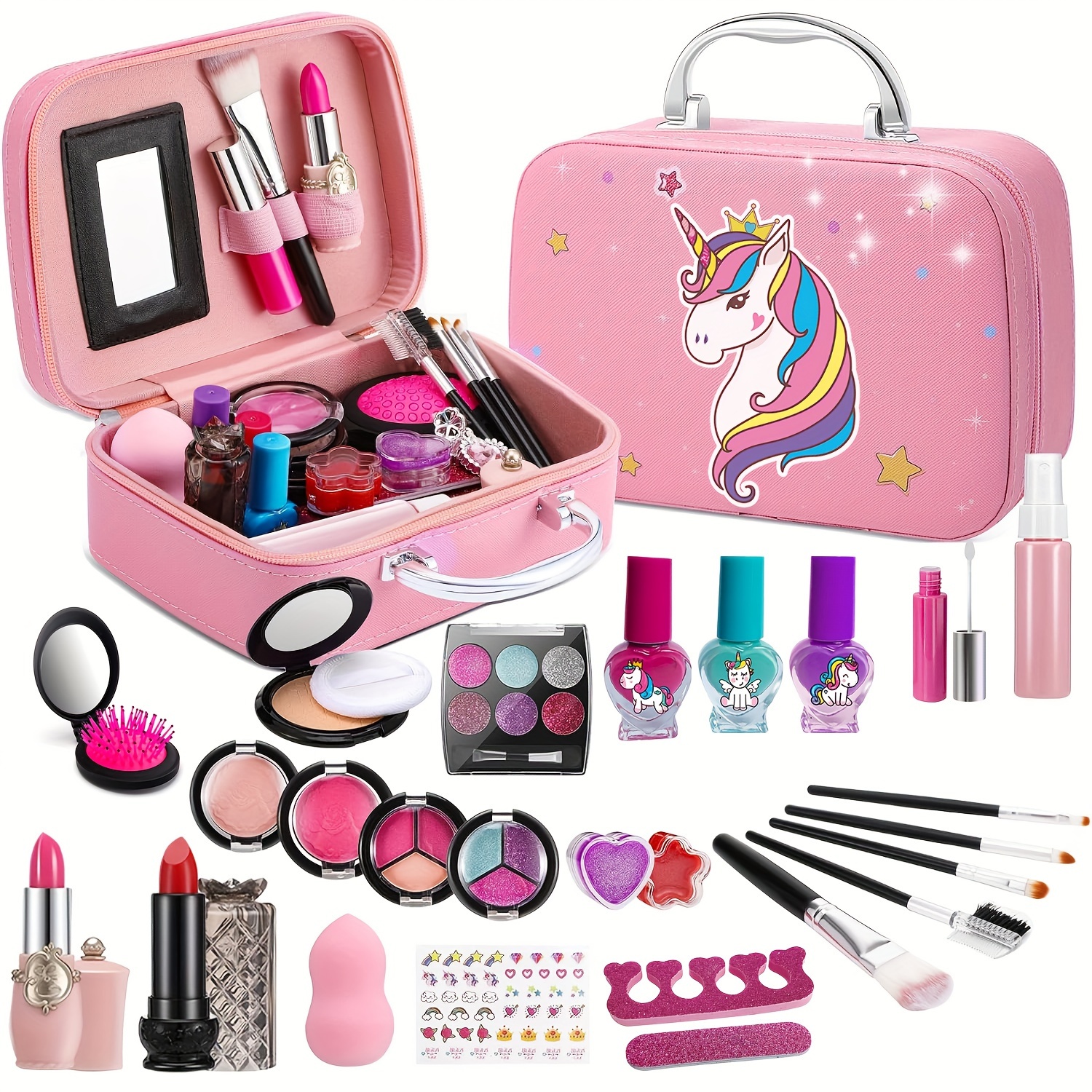 makeup kit for girls deluxe suitcase with real cosmetics   brushes accessories perfect birthday halloween christmas gift pink shades   stuff for girls solid oxford velvet fabric lipsticks eyeshadows stickers best for christmas details 1