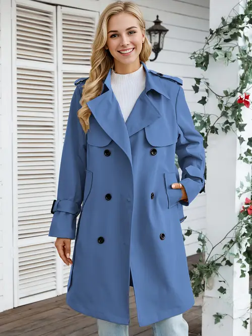 elegant light purple womens long double breasted trench coat with belt stylish loose fit polyester fabric machine washable casual or chic outfits casual outerwear elegant long coat suedelike texture