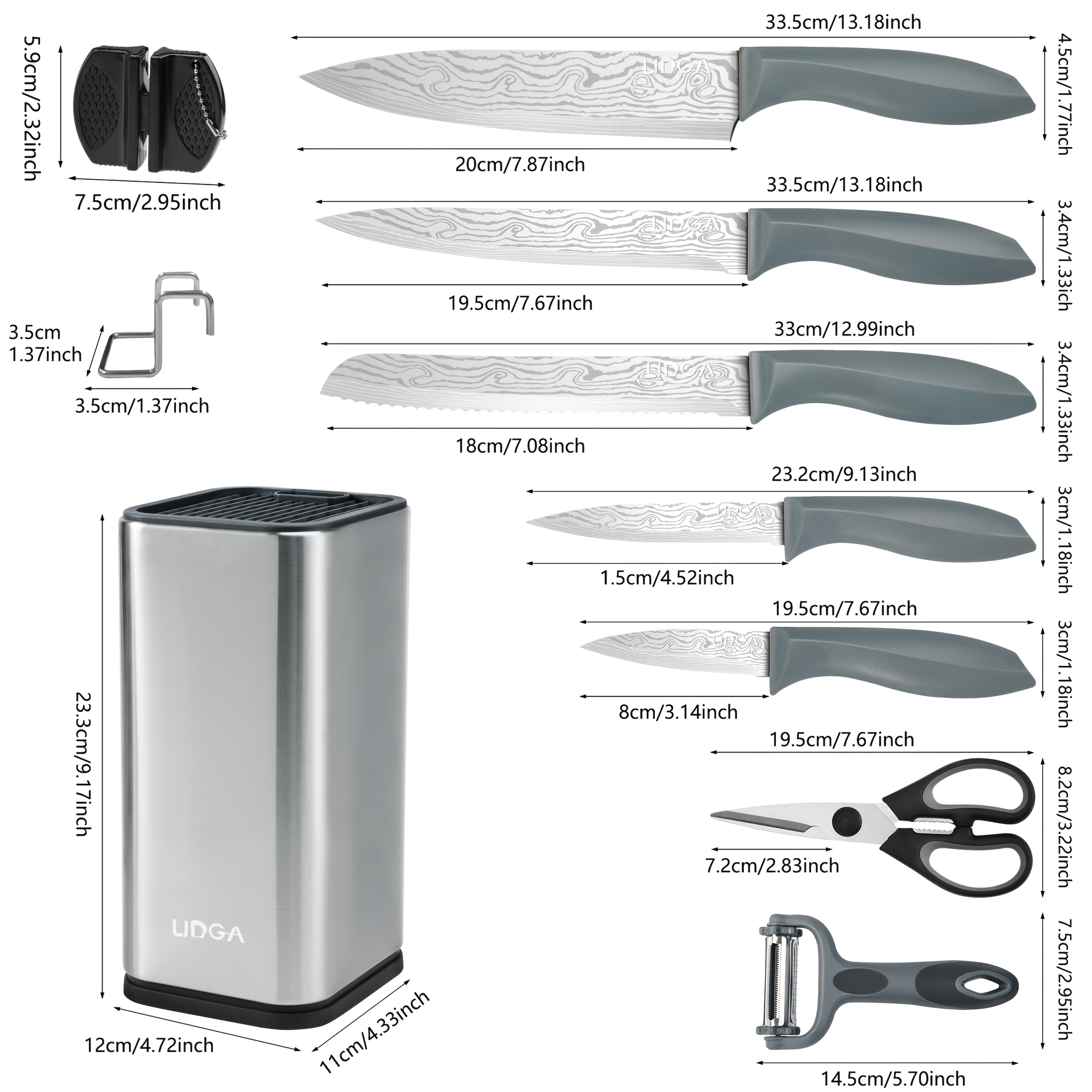 Damascus Patterned Stainless Steel Knife Set, Professional Kitchen Knife Collection, Chef'S Knife, Slicing Knife, Peeler, And Scissors, Made of High-Carbon Stainless Steel with Ultra-Sharp Blades, Featuring Non-Stick Ergonomic ABS Handles, Perfect for Home Use, Travel, And As a Gift Set.