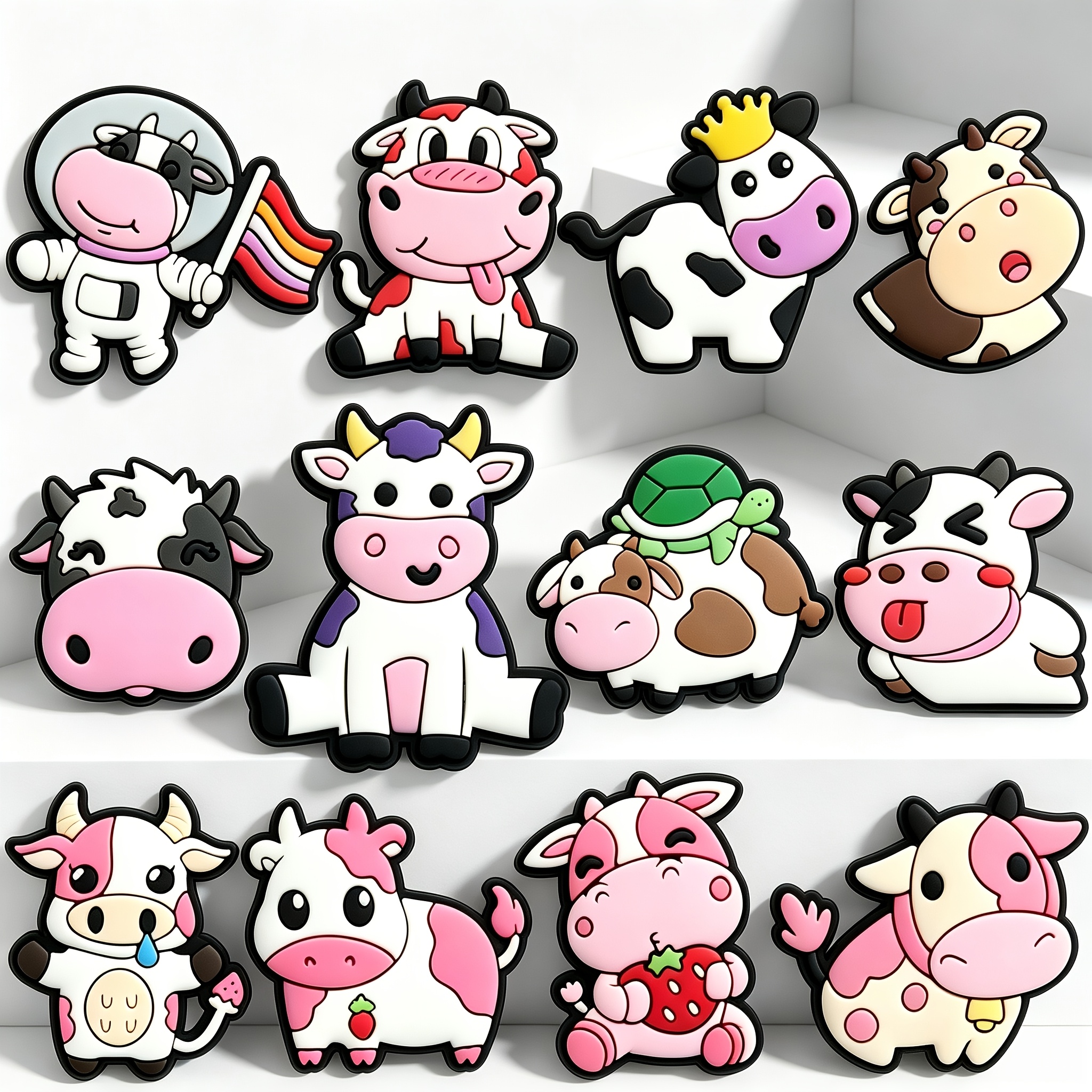 TEMU 12pcs Pvc Soft Rubber Pink Cow Theme Shoe Accessory Set Cute Black And White Spotted Calf Milk Carton Flower Shaped Shoe Buckle All-match Shoe