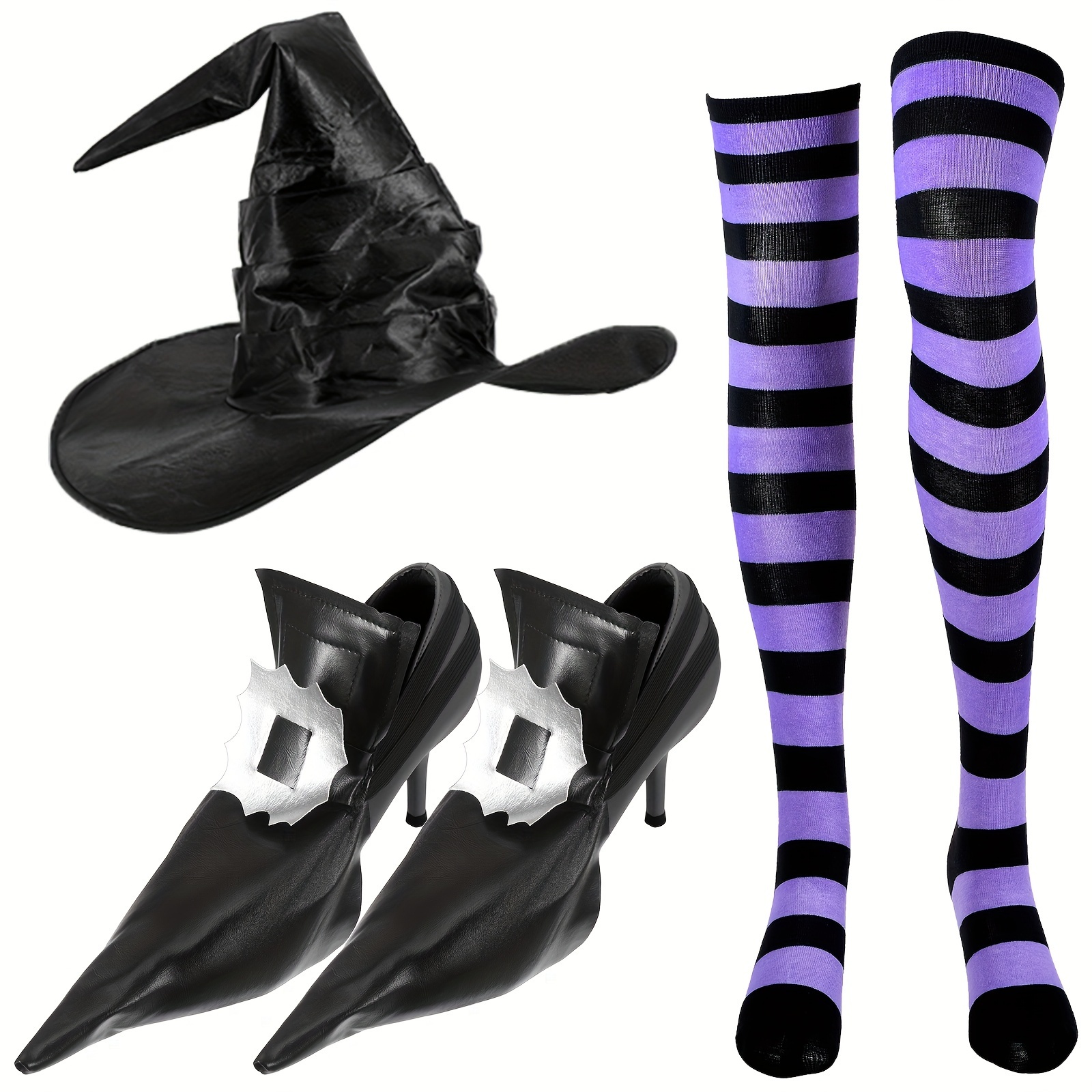 Witch Costume Shoe Covers, Striped Thigh High Socks And Witch Hat Set  Pointy Witch Shoe Decor For Costumes (Black, Purple)