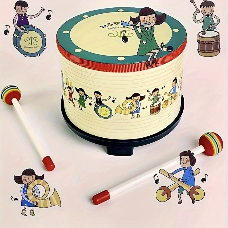 TEMU 1pc Kids Double-sided Wooden Drum, Pvc Leather Body Percussion Instrument, Ideal For Halloween, Christmas, And Birthday Party Performances