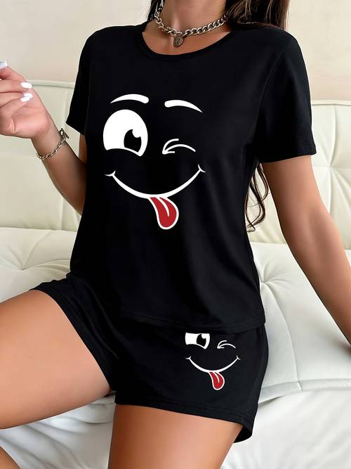 two piece short sleeve and shorts womens loungewear set featuring a cute cartoon print short sleeve top and shorts breathable and comfortable with bow details suitable for casual wear cartoon design