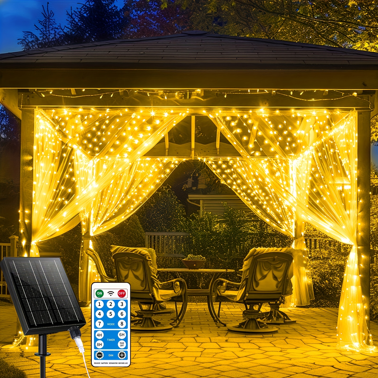 Party Curtain Light, Background Light 9.9ft*9.9ft, Solar Powered, Supports One-button Remote Control, Warm Color Tone, Luxury Bedroom Balcony Wedding Background Decorative Light Atmosphere.