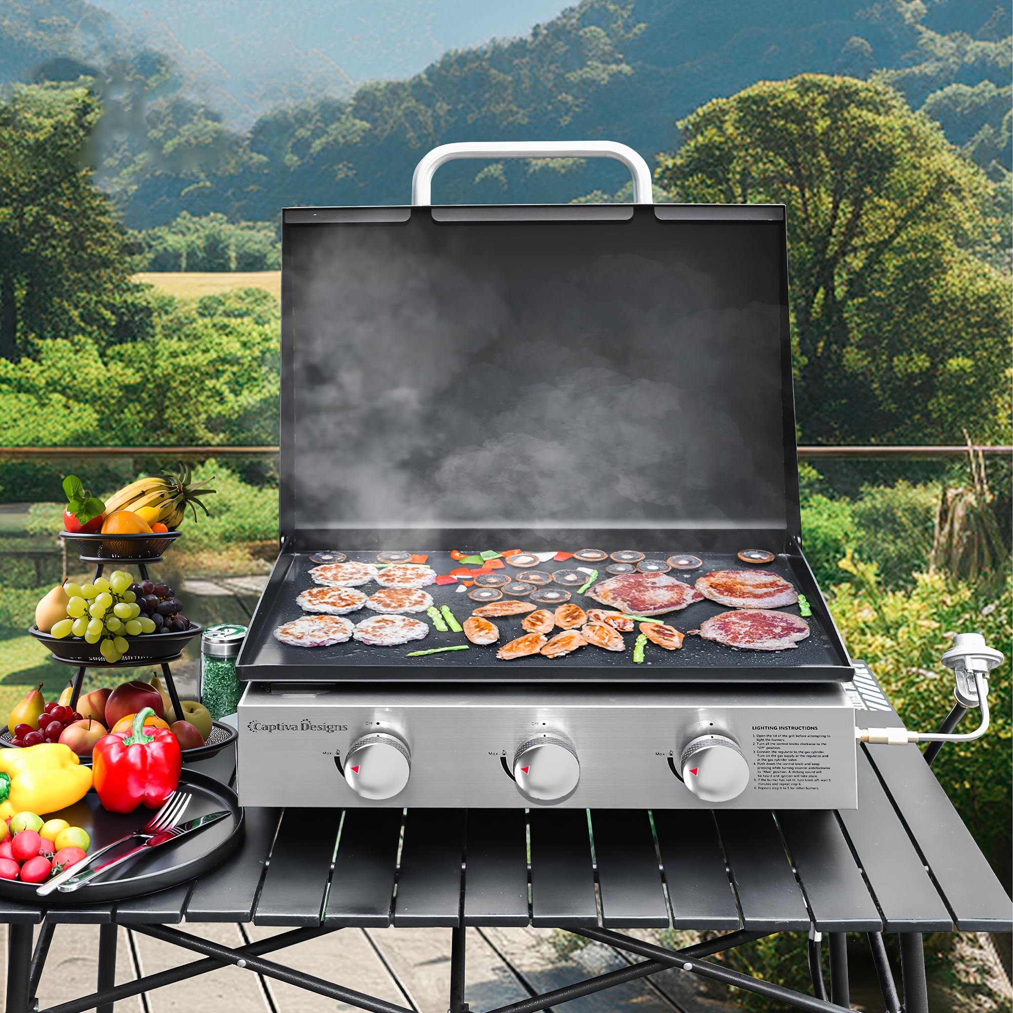 

Tabletop Griddle With Ceramic Griddle, Portable Flat Top Propane Gas Bbq Grill For Camping, Outdoor, Tailgating, 3 Stainless Steel Burners, 22 Inch