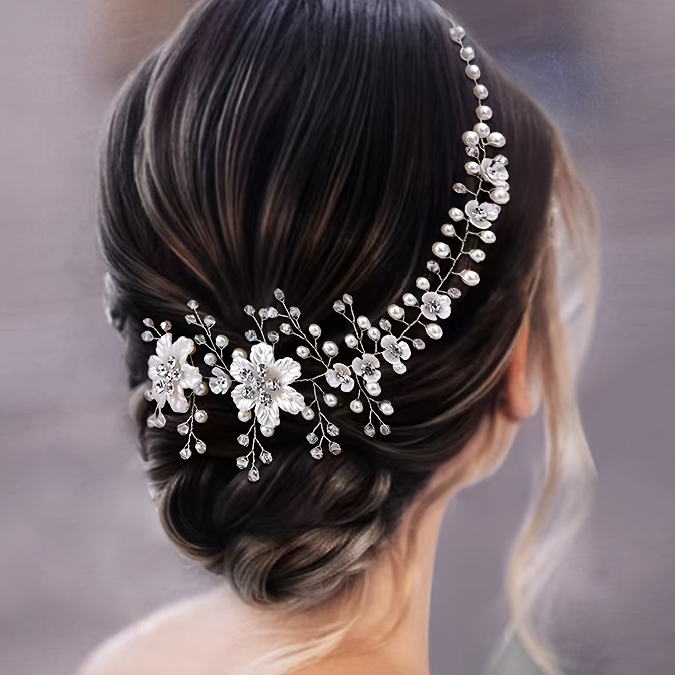 

A Beautiful Bride Wearing A Forest-themed Pearl Wedding Dress, Flower Decorations On Her Head, For A Destination Photoshoot.