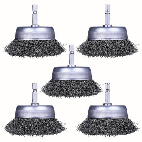 5pcs wire cup brushes for drills 1 4 inch hex shank 3 inch drill attachment carbon steel ideal for cleaning rust stripping and grinding drill brush attachments hexagonal shank durable carbon steel drill brushes for cleanin