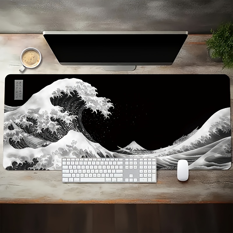Image of Black And , -e, Japanese Wave Painting Mouse Pad Large Size Anime White Large Size Xl Mouse Pad X 11.8 Inches, Suitable For Office Gaming