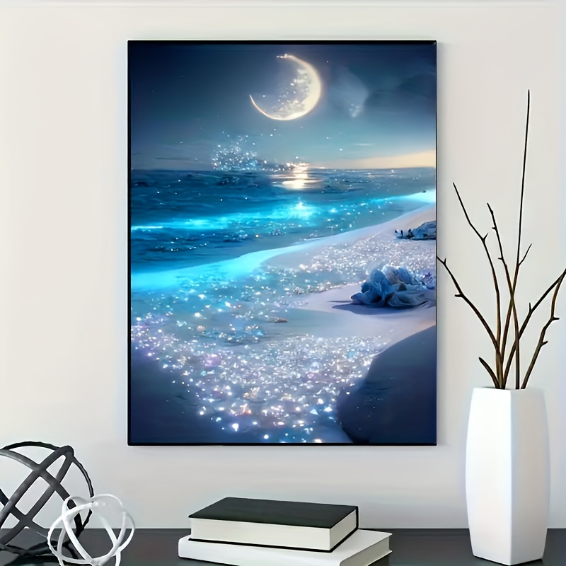 

5d Diy Diamond Painting Kit, Diamond Full Diamond Handmade Diamond Painting, Beach Moon Landscape Embroidery Mosaic Artwork Wall Decoration Gift