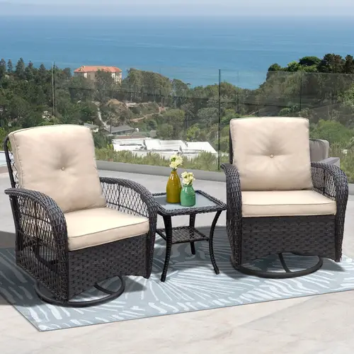 3 pieces patio swivel rocker chairs set all weather outdoor swivel glider rocker wicker set with cushions and table for porch garden